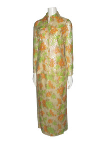 Vintage Elsie Sommer Beige Multi-color Floral Pastel Print Sequins Buttoned Blouse Matching Skirt 2pcs Outfit Ensemble