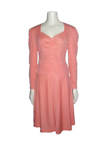 Vintage Peach Shirred Non Functional Buttoned Blouse w/ Matching Short A-Line Skirt 2 Pcs Knit Outfit Skirt Set Ensemble 