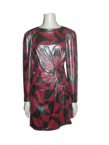 Vintage Rimini Red Black Metallic Silver Lame Dots Shirred Wet Look Stretch Knit Short Dress  w/ Partial Waist Belt