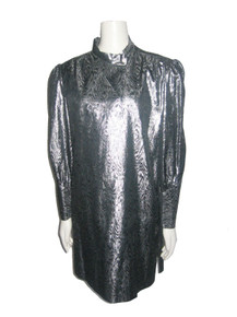 Vintage Metallic Silver Black Lame Lurex Jacquard Moire Front Buttoned Keyhole Dress w/ Side Slits  