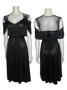 Vintage Black  Floral Dot Mesh Lace Detail Tie Up Wrap Disco Knit Dress 