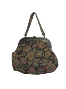 Vintage Black Gold Multi-Color Floral Needle Point  Large Tapestry Mod Handbag