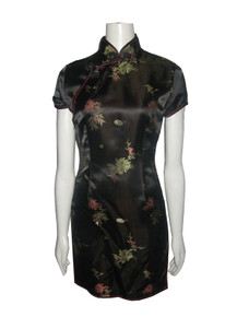 Vintage Black Mandarin Collar Sleeveless Short Mini Mod Satin Dress 