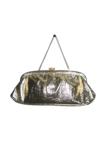 Vintage Metallic Gold Lame Decorative Clasp Closure Chain Handle Shirred Pouch Evening Handbag 