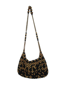 Vintage Cute Made In Japan Black Beige Wooden Beads Mixed Gold Chain Strap Fabric Lined Handbag 