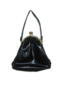 Vintage Clasp Closure Shirred Black Vinyl Evening Handbag 
