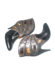 Vintage Mary Popps Made In Italy Leather Snake Skin Color Block Embroidered Slanted Statement Boots 