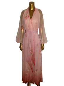 Vintage Designer Malcolm Starr Pink Chiffon See Thru Sheer Floral Print Long Poet Sleeve Pleated Flared Long Disco Dress w/ Matching Belt