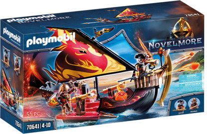 Playmobil Burnham Raiders Fire Ship (PMB70641) with cannons, flame projectiles, and armored warrior figures on a floating medieval-style vessel.