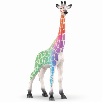 Side profile of Schleich 90th Anniversary Giraffe figurine displaying vibrant rainbow colors.