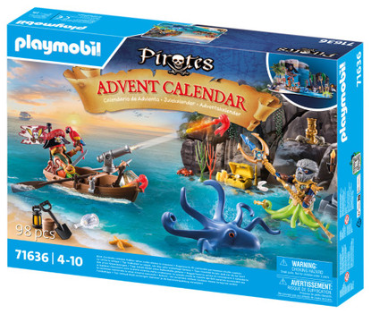 Playmobil Advent Calendar Pirates PMB71636 – box front and included scene with boat, cannon and sea creatures