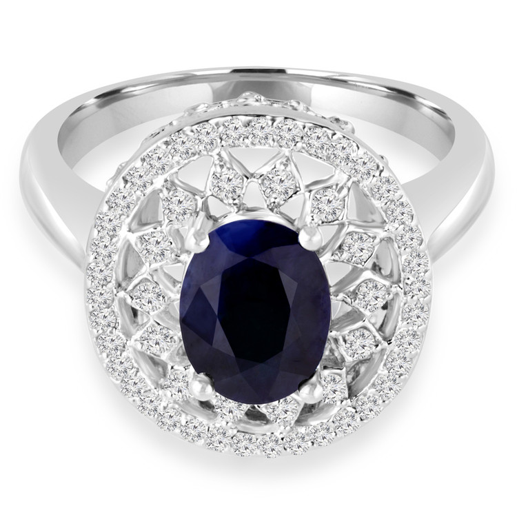 2 CTW Oval Blue Sapphire Halo Cocktail Engagement Ring in 14K White Gold (MDR170018)