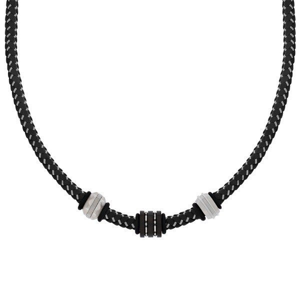 Men's Black Leather Steel Bead Necklace (MVA0111)