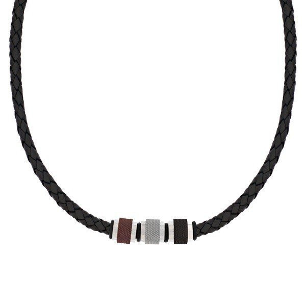 Men's Black Leather Steel Bead Necklace (MVA0113)