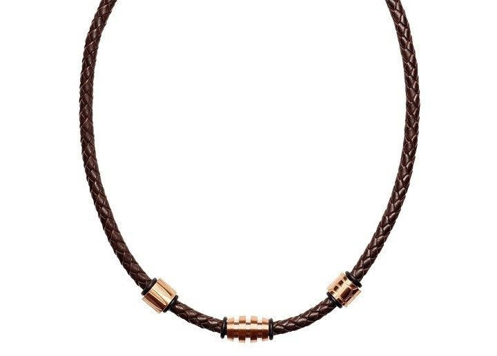 Men's Brown Leather Rose Gold Steel Necklace (MVA0119)