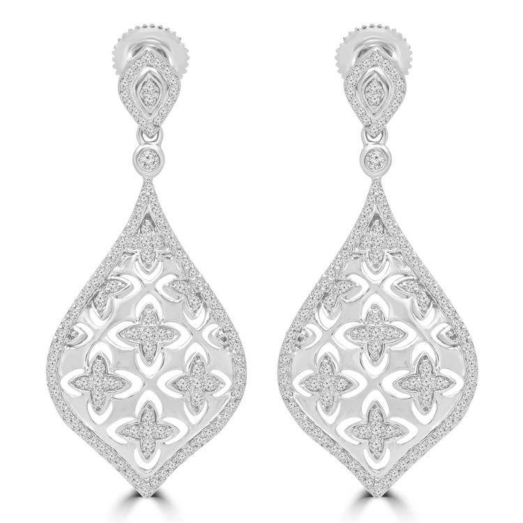 5/8 CTW Round Diamond Pear Halo Cushion Cluster Drop/Dangle Earrings in 14K White Gold (MDR180005)