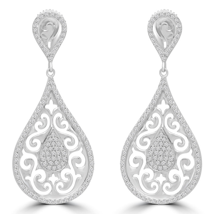 1/2 CTW Round Diamond Pear Halo Cluster Drop/Dangle Earrings in 14K White Gold (MDR180014)