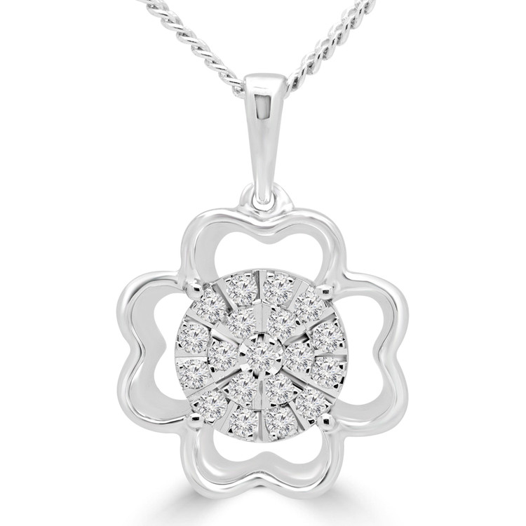 1/7 CTW Round Diamond Floral Motif Cluster Pendant Necklace in 10K White Gold (MDR180023)
