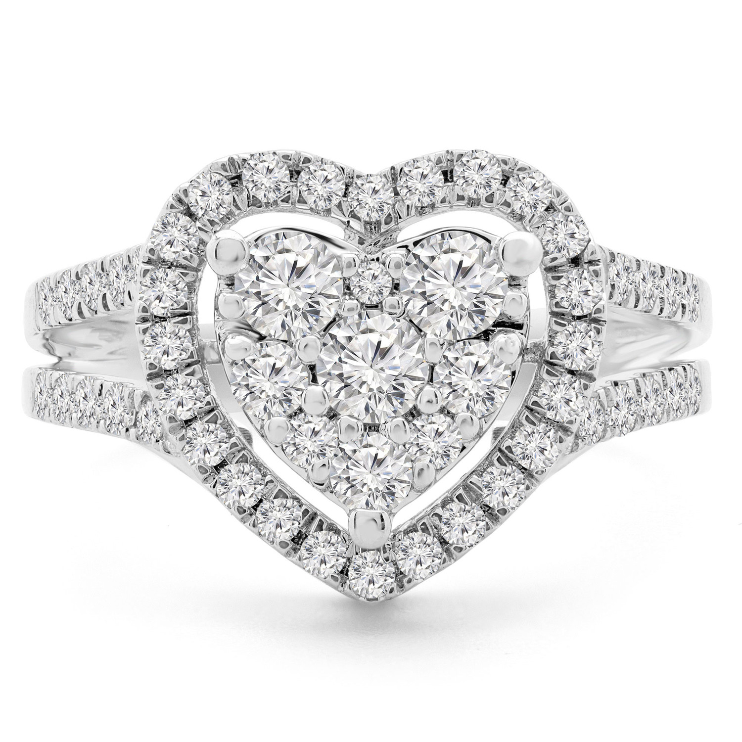 9/10 CTW Round Diamond Split Shank Heart Cluster Halo Cocktail Ring in ...