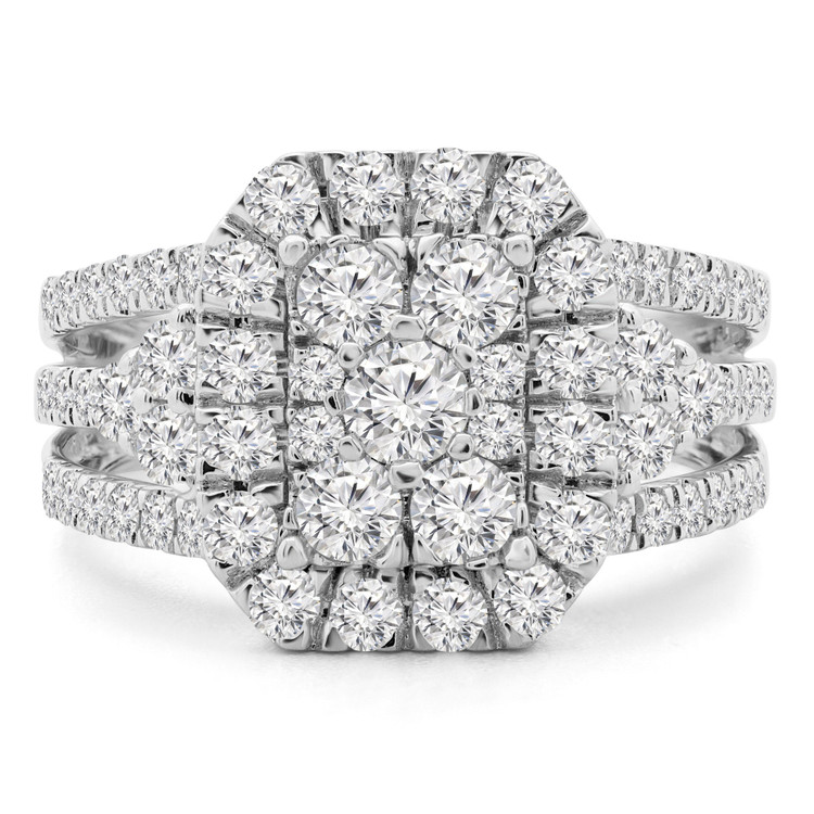1 1/2 CTW Round Diamond Three-Row Emerald Cluster Radiant Halo Engagement Ring in 14K White Gold (MDR190067)