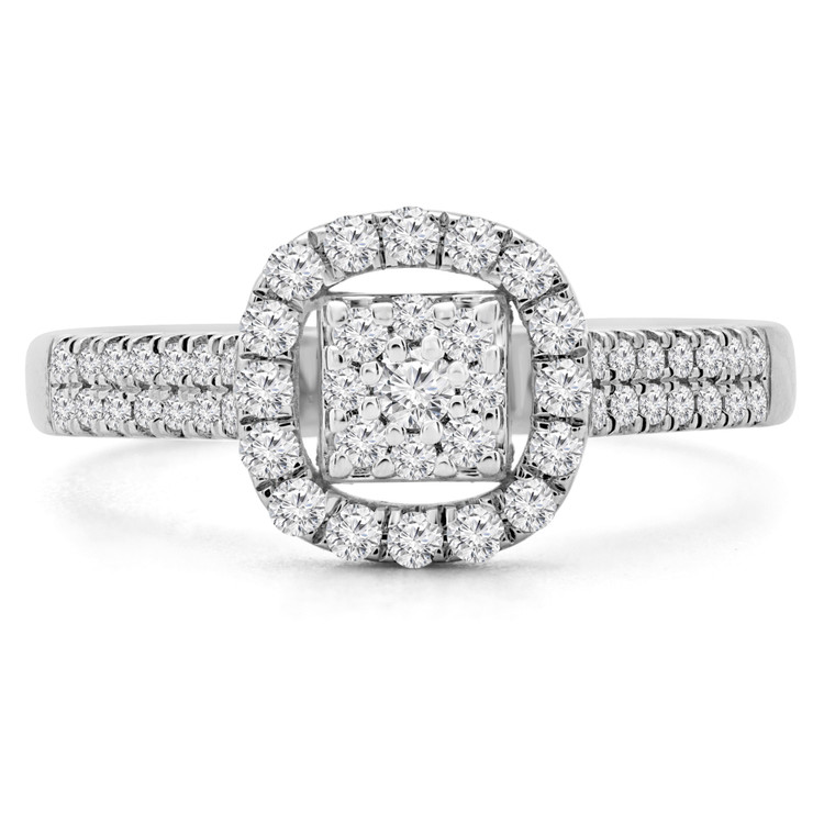 3/8 CTW Round Diamond Two-Row Promise Princess Cluster Cushion Halo Engagement Ring in 14K White Gold (MDR190098)