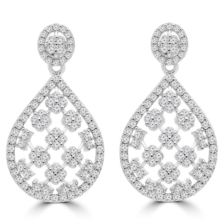 2 1/2 CTW Round Diamond Pear Cushion Cluster Drop/Dangle Earrings in 14K White Gold (MDR190015)