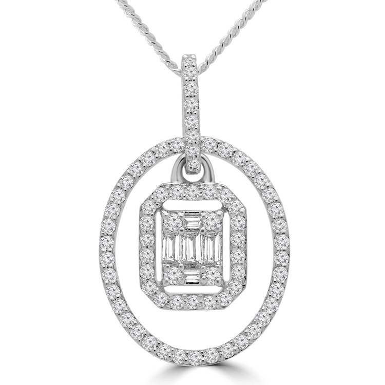 2/5 CTW Baguette Diamond Oval Halo Cluster Pendant Necklace in 14K White Gold (MDR190023)