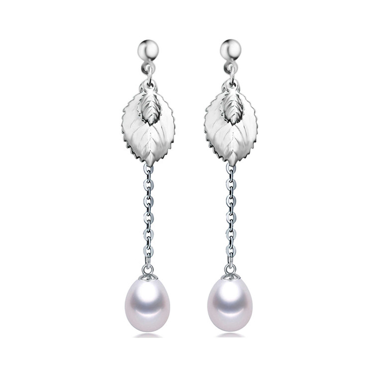 Teardrop White Freshwater Pearl Drop/Dangle Earrings in 0.925 White Sterling Silver (MDS170046)