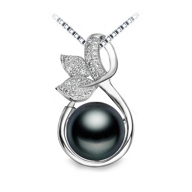 Teardrop Black Freshwater Pearl Leaf Nature Pendant Necklace in 0.925 White Sterling Silver With Chain (MDS170053)