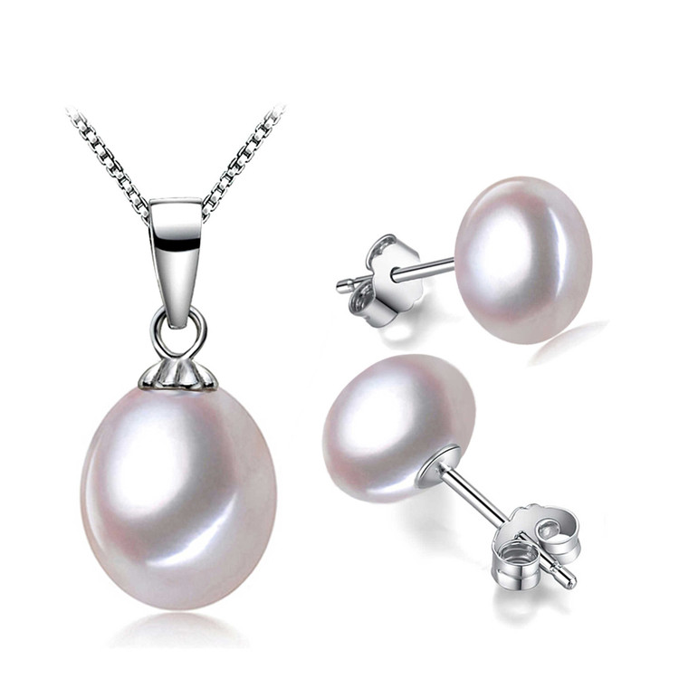 Round White Freshwater Pearl Earrings and Pendant Set in 0.925 White Sterling Silver (MDS170059)