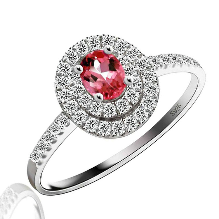 3/8 CTW Oval Pink Tourmaline Double Halo Cocktail Ring in 0.925 White Sterling Silver (MDS170141)