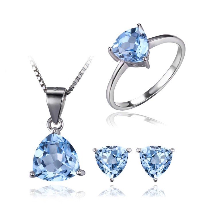 6 2/5 CTW Oval Blue Topaz Earrings, Ring and Pendant Set in 0.925 White Sterling Silver (MDS170161)