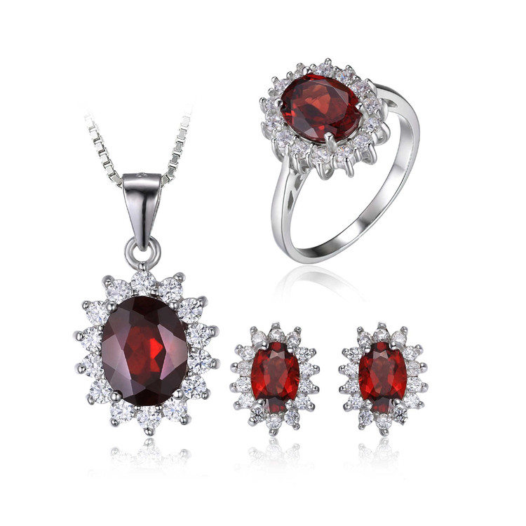 6 1/10 CTW Oval Red Garnet Earrings, Ring and Pendant Set in 0.925 White Sterling Silver (MDS170202)