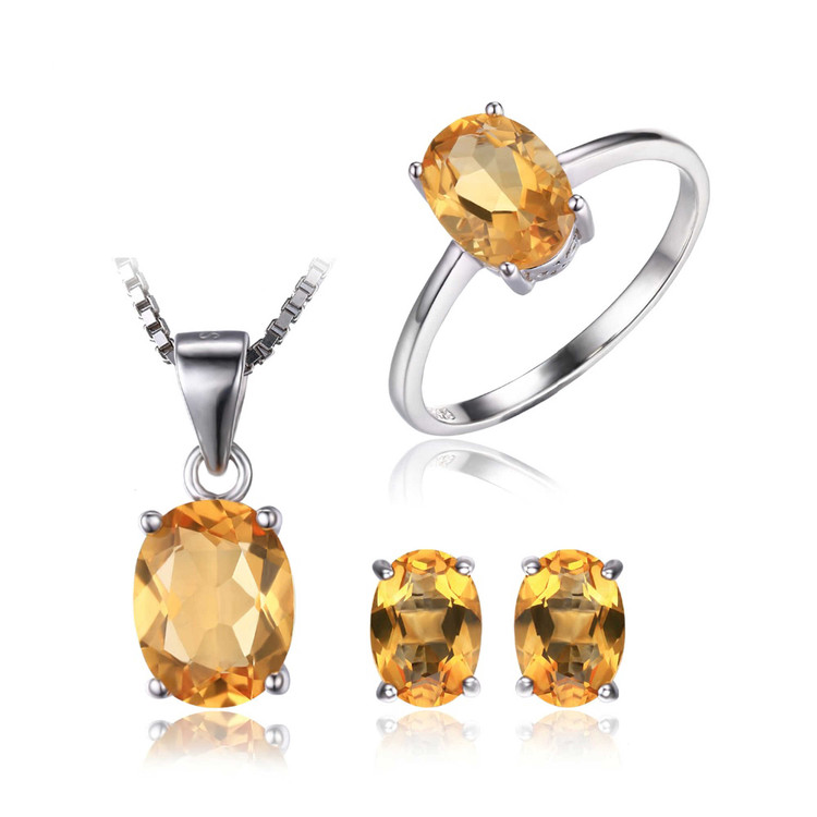 4 1/5 CTW Oval Yellow Citrine Earrings, Ring and Pendant Set in 0.925 White Sterling Silver (MDS170226)