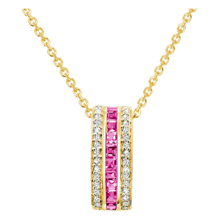 5/8 CTW Princess Pink Sapphire Three Row Pendant Necklace in 14K Yellow Gold With Chain (MV3129)
