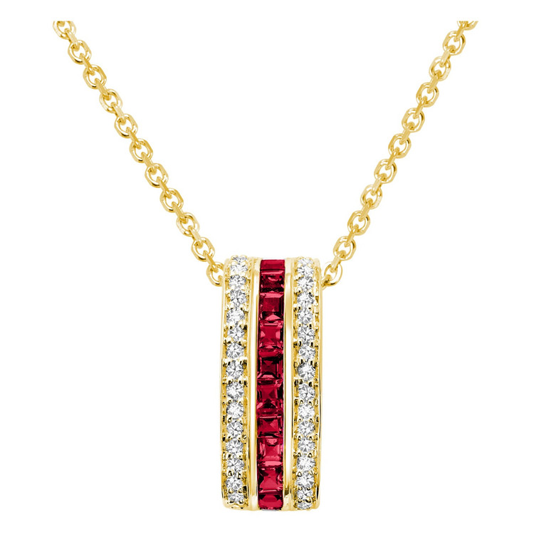 5/8 CTW Princess Red Ruby Three Row Pendant Necklace in 14K Yellow Gold With Chain (MV3131)
