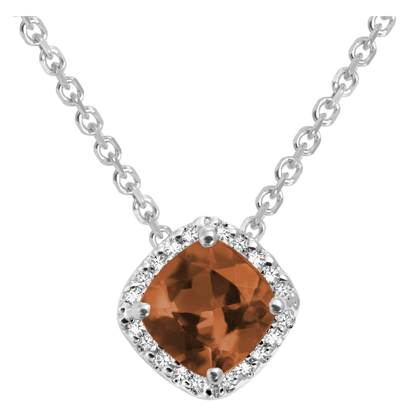 1 1/5 CTW Cushion Brown Topaz Halo Pendant Necklace in 14K White Gold With Chain (MV3143)