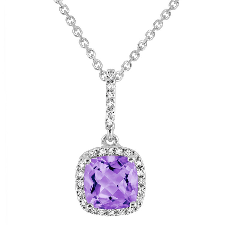 1 4/5 CTW Cushion Purple Amethyst Halo Pendant Necklace in 14K White Gold With Chain (MV3144)