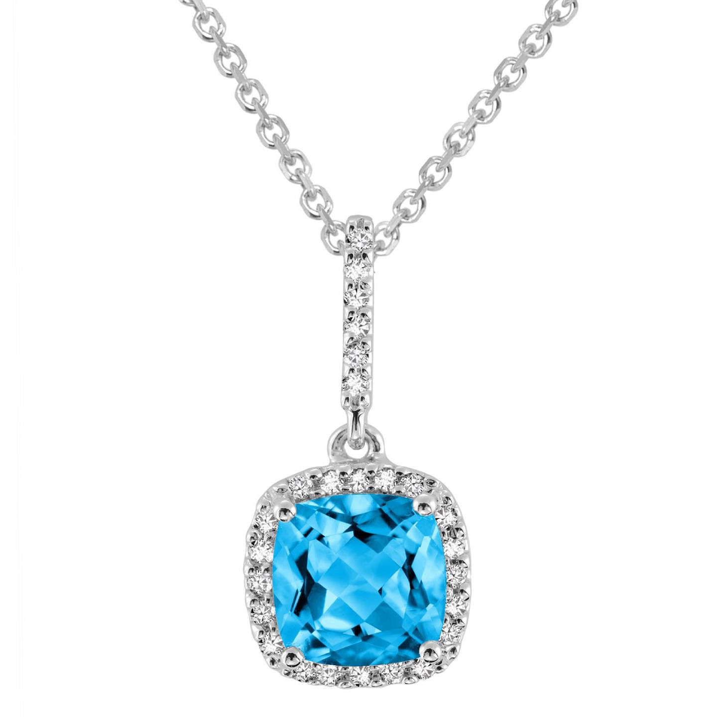 1 3/4 CTW Cushion Blue Topaz Halo Pendant Necklace in 14K White Gold With Chain (MV3145)