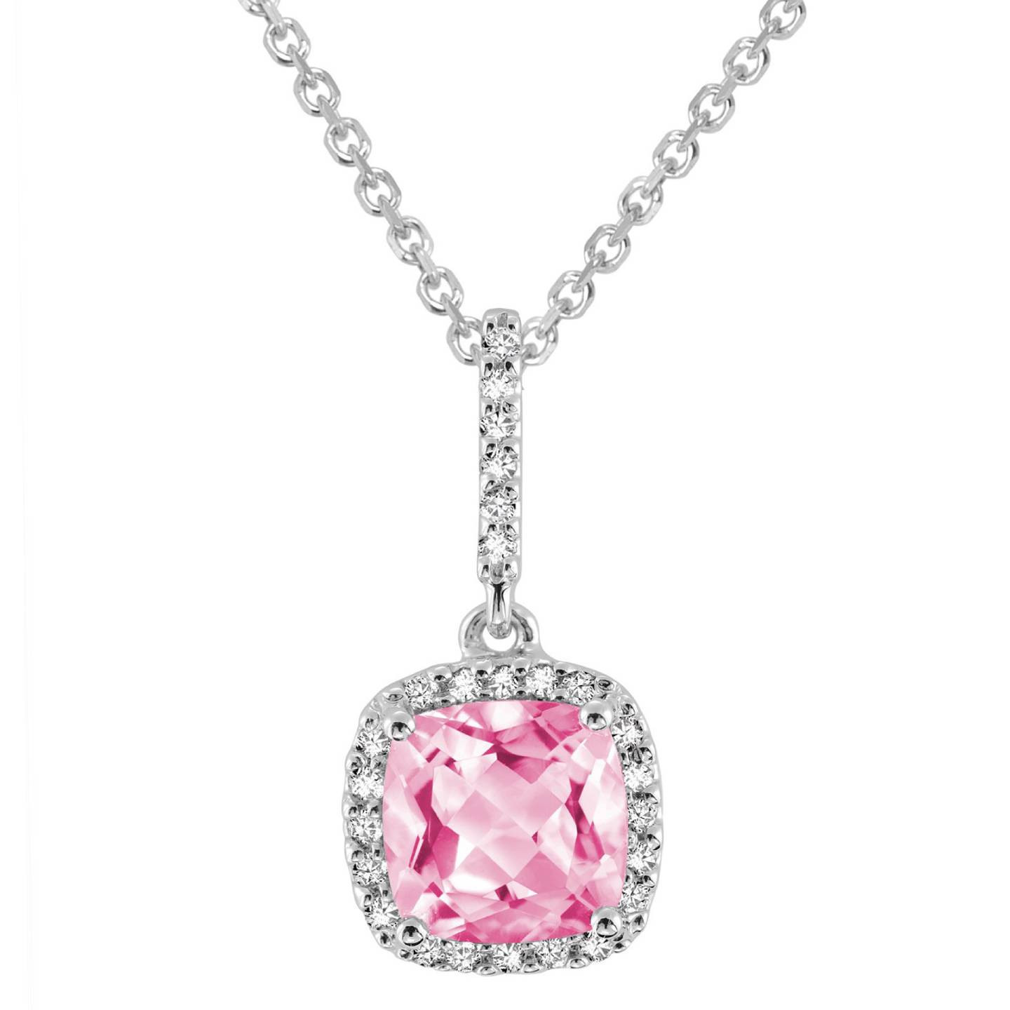 1 3/4 CTW Cushion Pink Topaz Halo Pendant Necklace in 14K White Gold With Chain (MV3150)