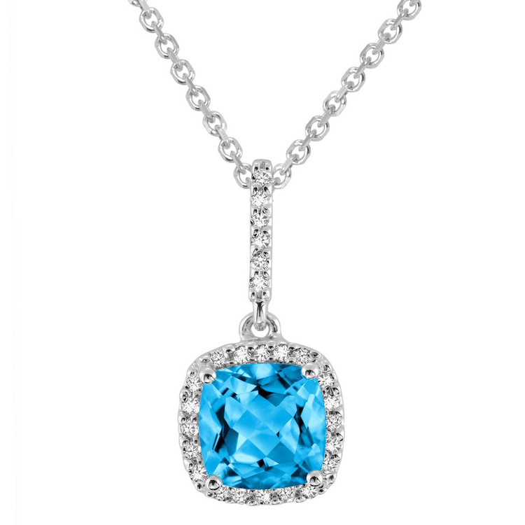 1 3/4 CTW Cushion Blue Topaz Halo Pendant Necklace in 14K White Gold With Chain (MV3151)