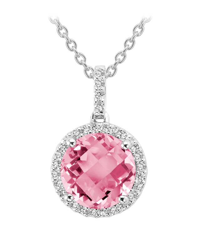 2 1/8 CTW Round Pink Topaz Halo Pendant Necklace in 14K White Gold With Chain (MV3162)