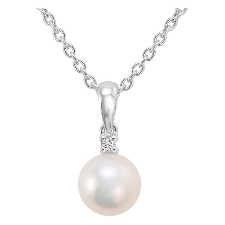 Round White Pearl Solitaire with Accents Pendant Necklace in 14K White Gold With Chain (MV3167)