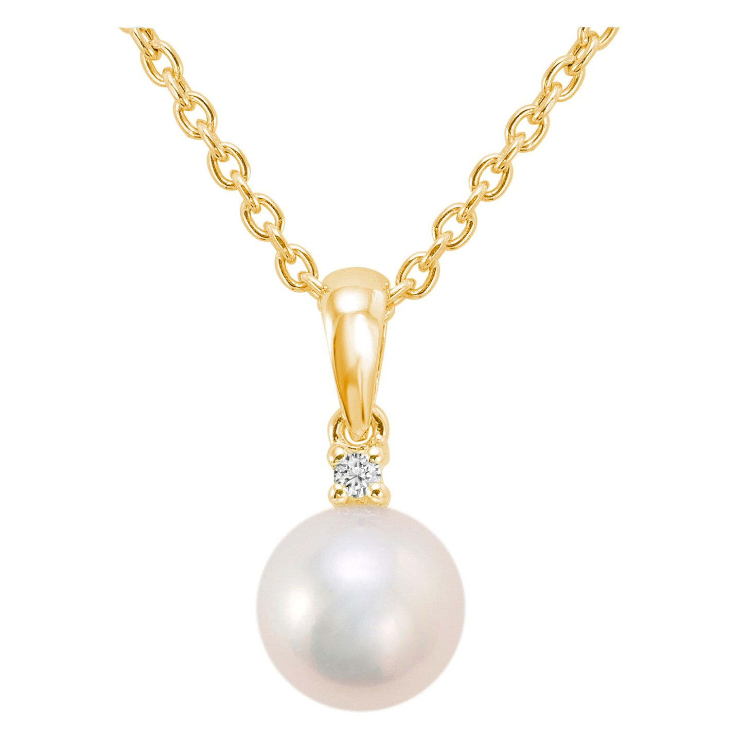 Round White Pearl Solitaire with Accents Pendant Necklace in 14K Yellow Gold With Chain (MV3168)