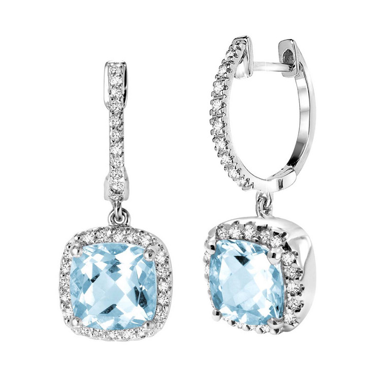3 1/4 CTW Cushion Cut Blue Topaz and Diamond Drop Earrings in 14K