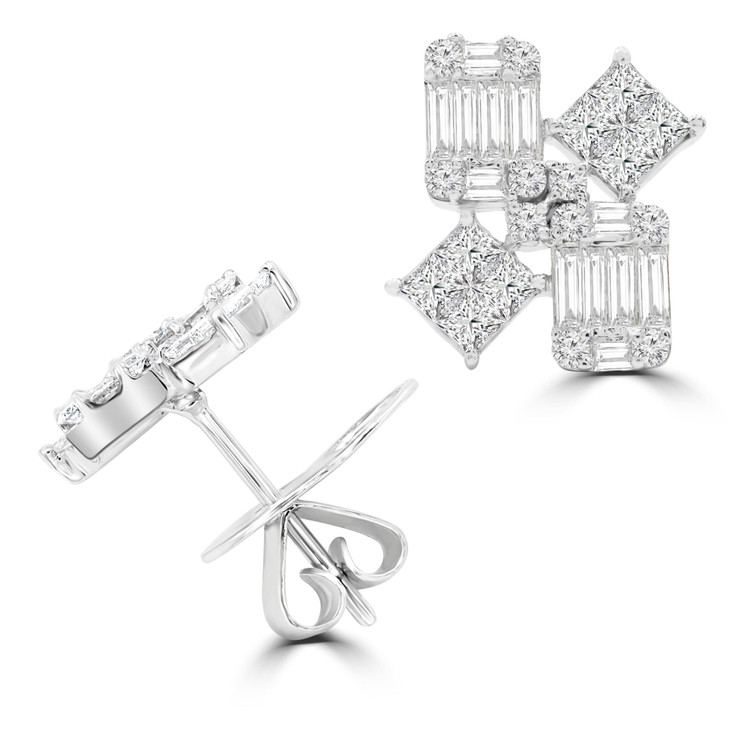 1 7/8 CTW Baguette Diamond Floral Stud Earrings in 18K White Gold (MD210076)