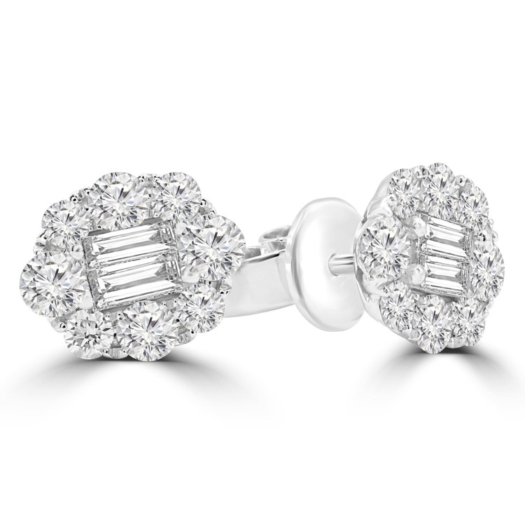 9/10 CTW Baguette Diamond Oval Halo Stud Earrings in 18K White Gold (MD210077)