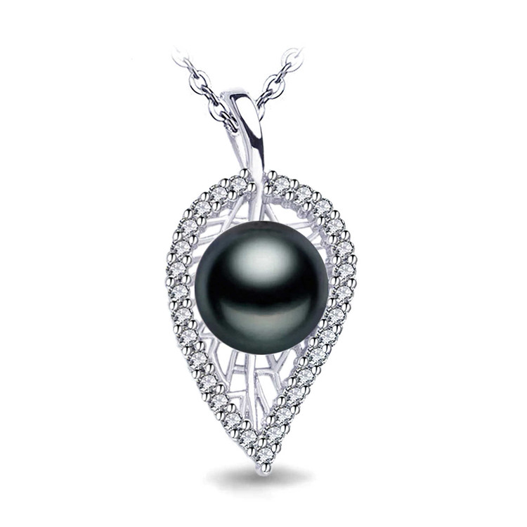 Round Black Freshwater Pearl Leaf Nature Pendant Necklace in 0.925 White Sterling Silver With Chain (MDS210005)