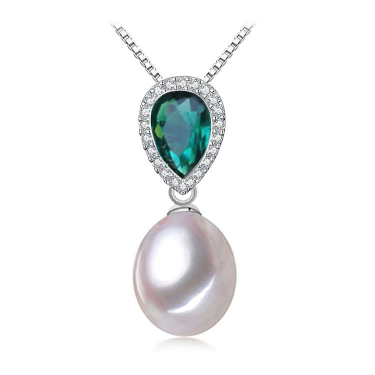 Teardrop White Freshwater Pearl Pear Halo Pendant Necklace in 0.925 White Sterling Silver With Chain (MDS210015)