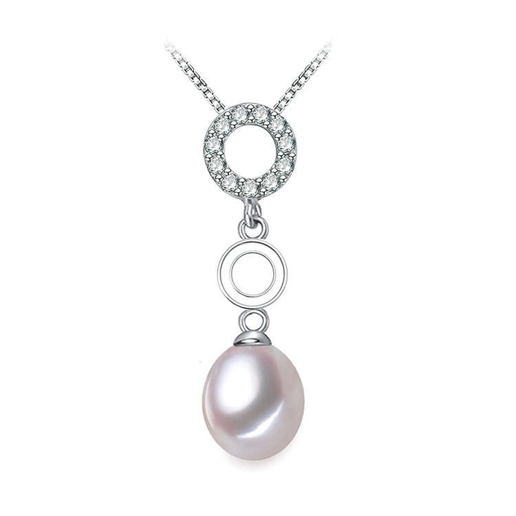 Teardrop White Freshwater Pearl Solitaire with Accents Pendant Necklace in 0.925 White Sterling Silver With Chain (MDS210019)